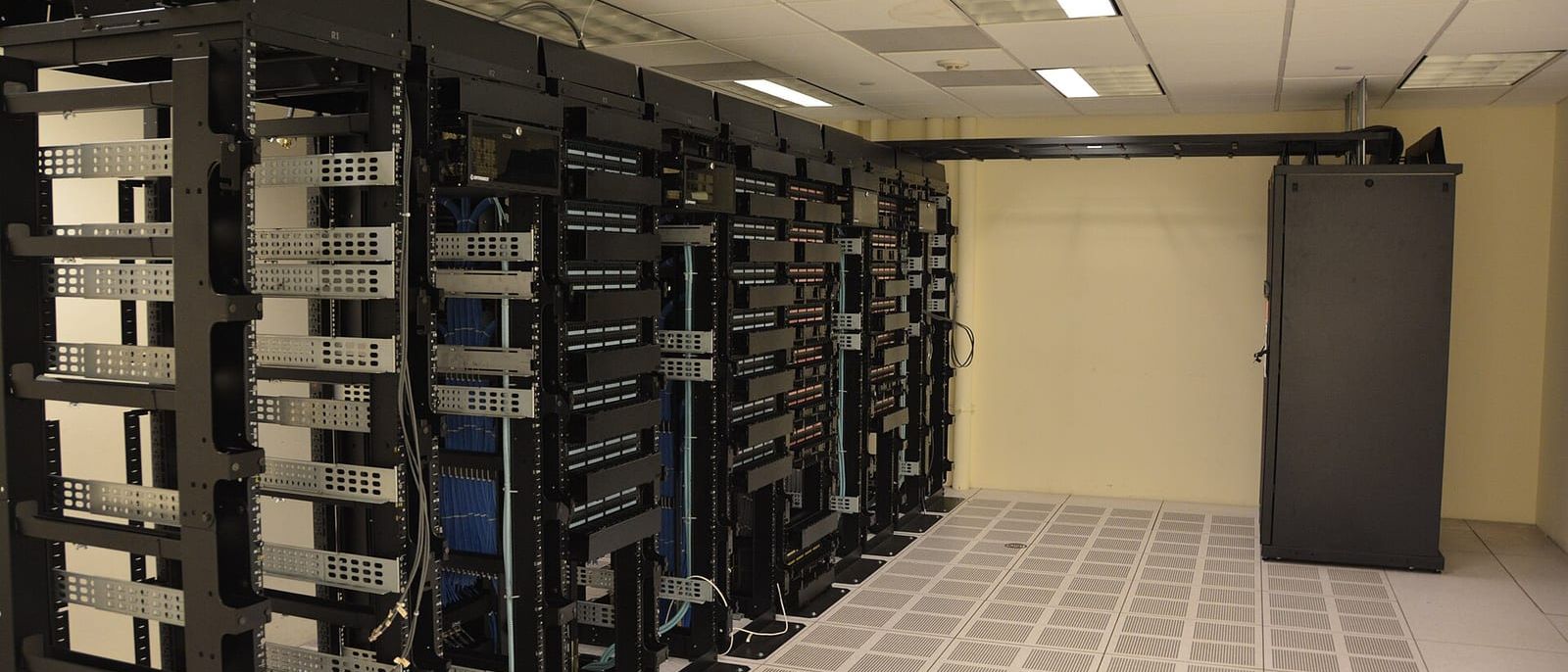 Reihe schwarzer Serverschränke mit blauen Netzwerkkabeln in einem hellen Rechenzentrum